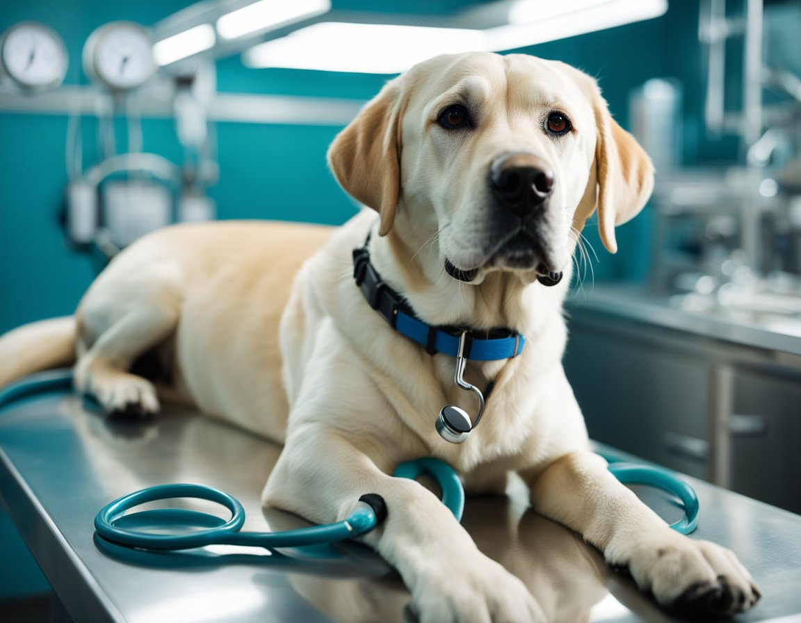 a labrador dog at a veterinary clinic getting ready for treatment