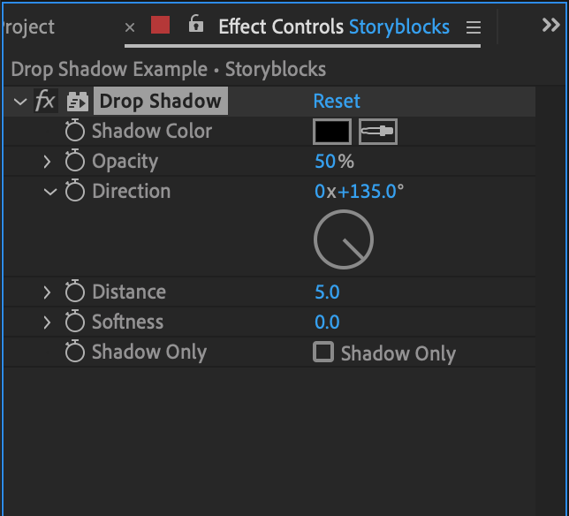 Drop shadow properties menu.