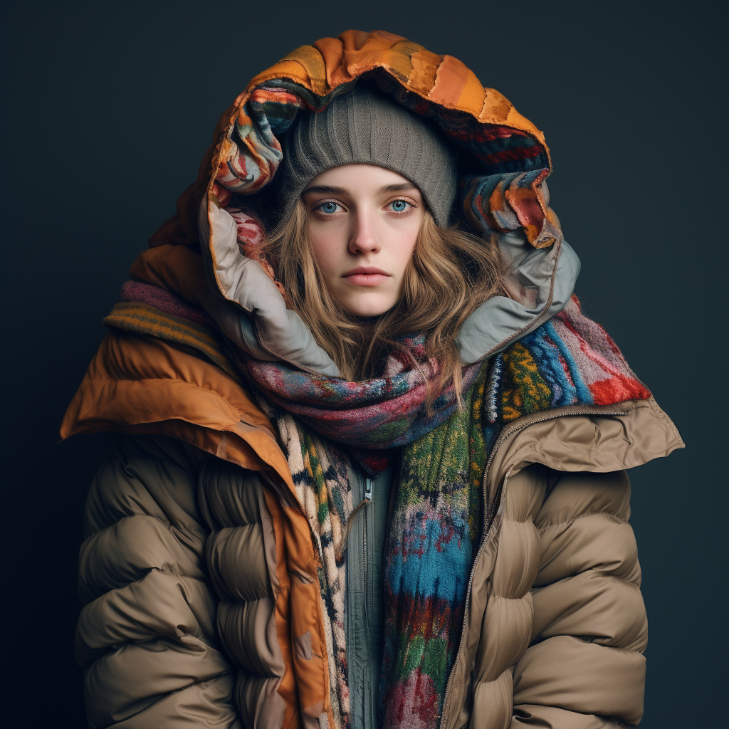 woman wearing many layers of winter coats and accessories
