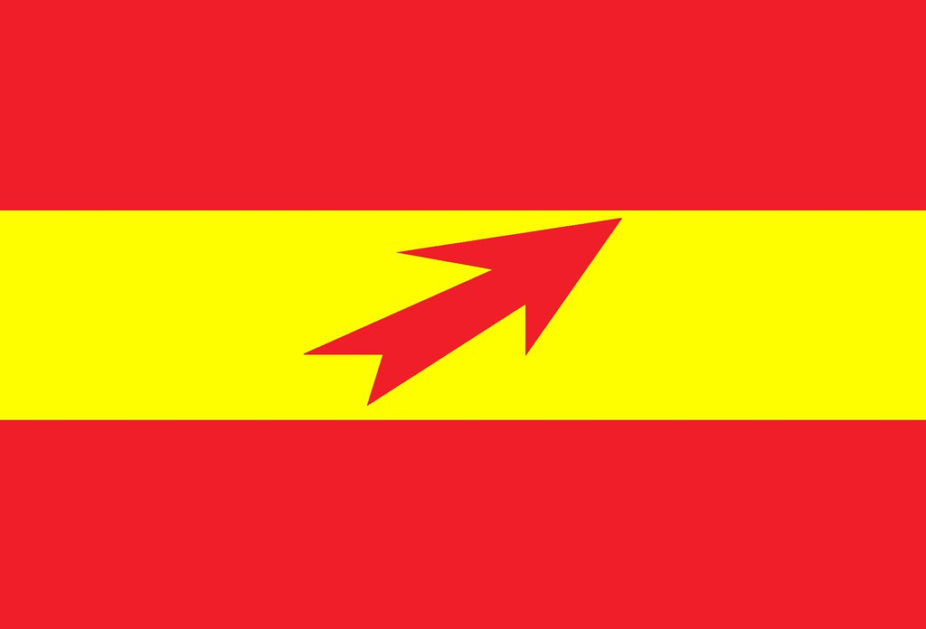 A red and yellow flag with a arrow