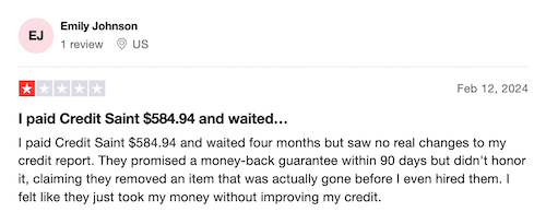 A 1-star Trustpilot review from a Credit Saint customer who says they paid $584.94 and got no results from the company.