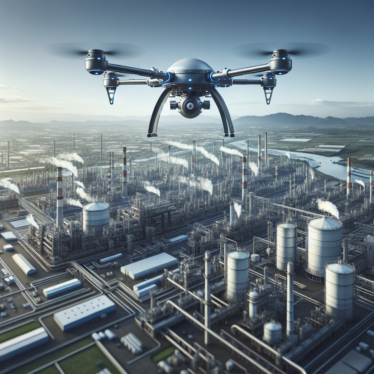 A modern drone flying high above an industrial complex, with sensor arrays detecting potential hazards.
