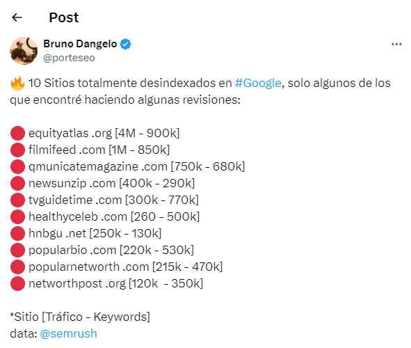 Tweet van Bruno Dangelo met voorbeelden van sites die geraakt zijn door de update