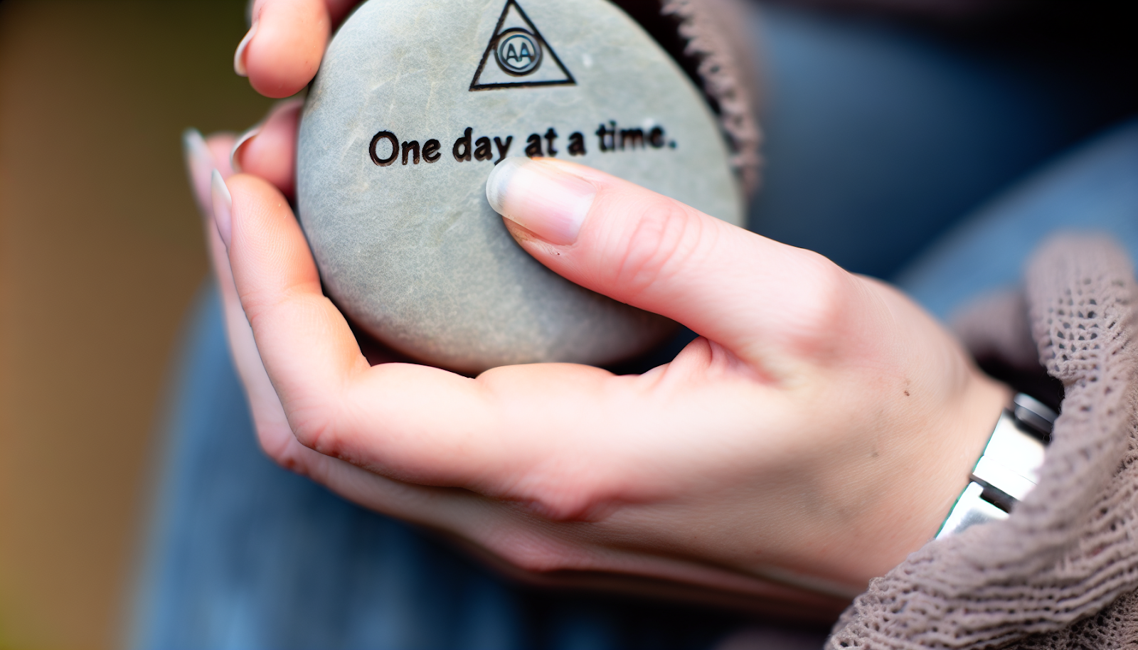 A hand holding a stone with the AA slogan 'One day at a time' engraved on it