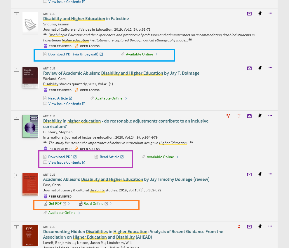 Catalog search result list for articles. Direct PDF download links are highlighted below three of the results.