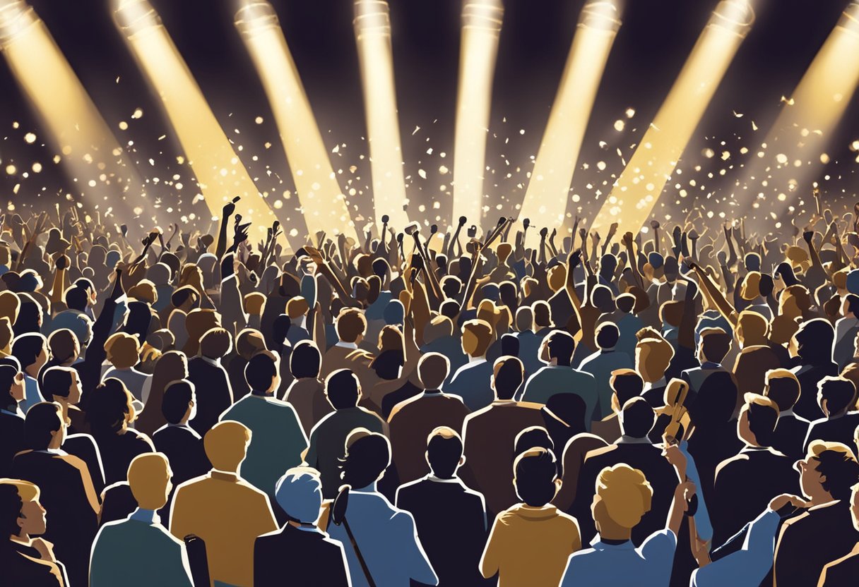 A crowd cheers as spotlights shine on a stage with microphones and musical instruments, representing the most famous entertainers in the world