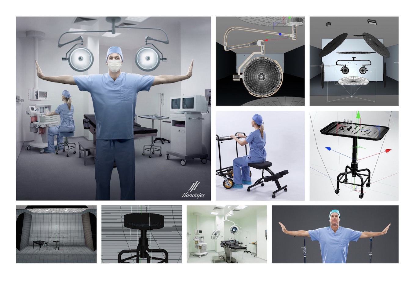 Tiled images demonstrating CGI enhancement process to advertising photo of masked surgeon in light blue scrubs, standing arms outstretched (east to west) in operating room, by Atlanta-based conceptual photographer John Fulton.