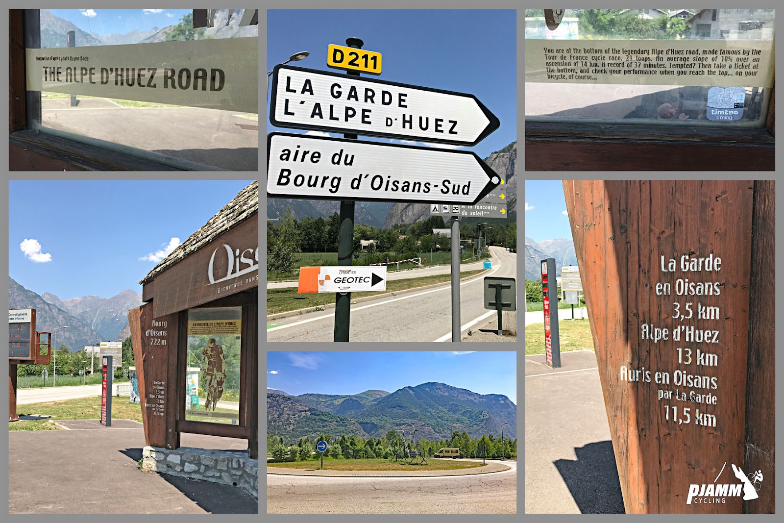 photo collage shows parking lot and Tour de France kiosk at climb's beginning