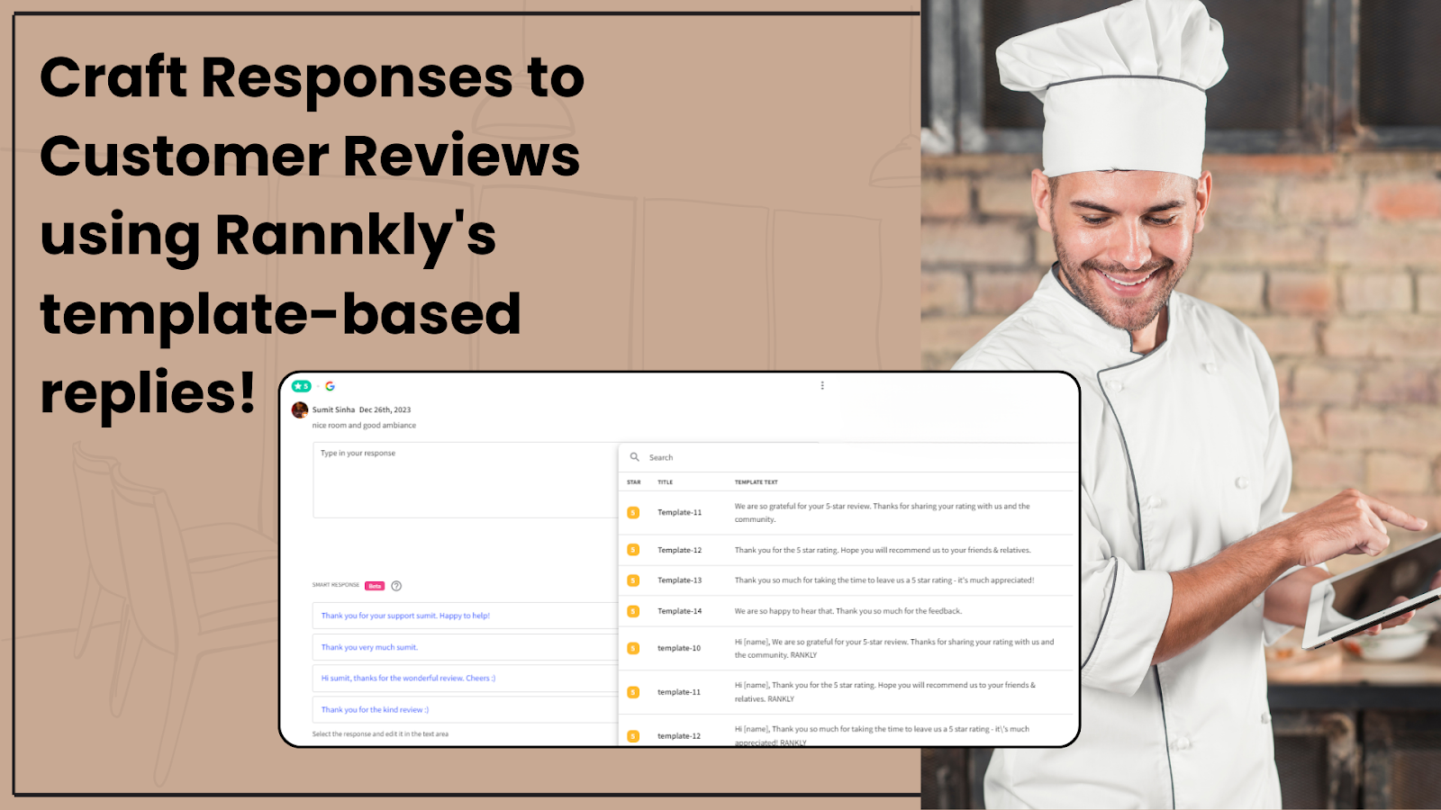 Cheerful chef responding to a Zomato review using our custom template.