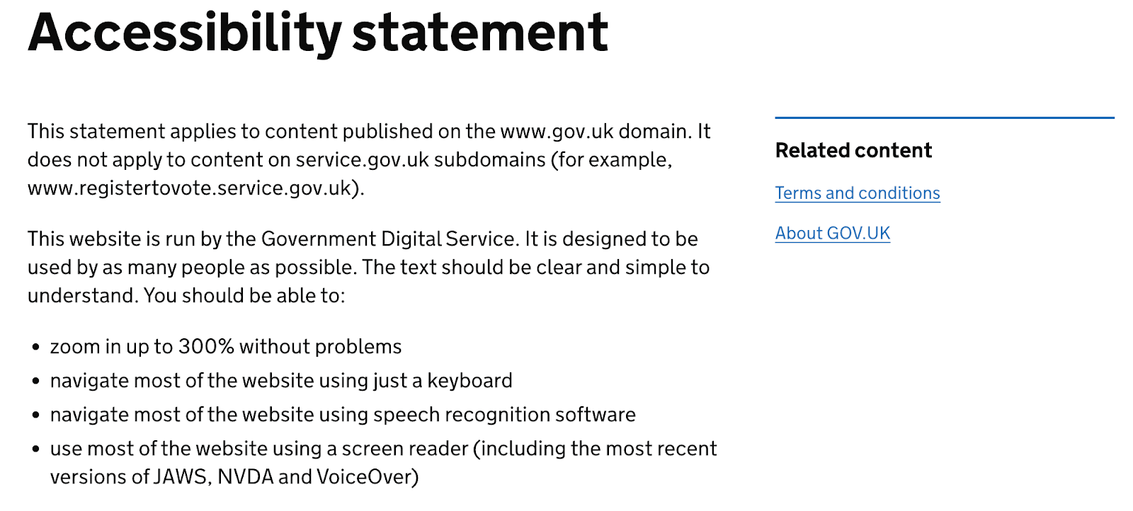 Screenshot of the Accessibility statement of gov.uk
