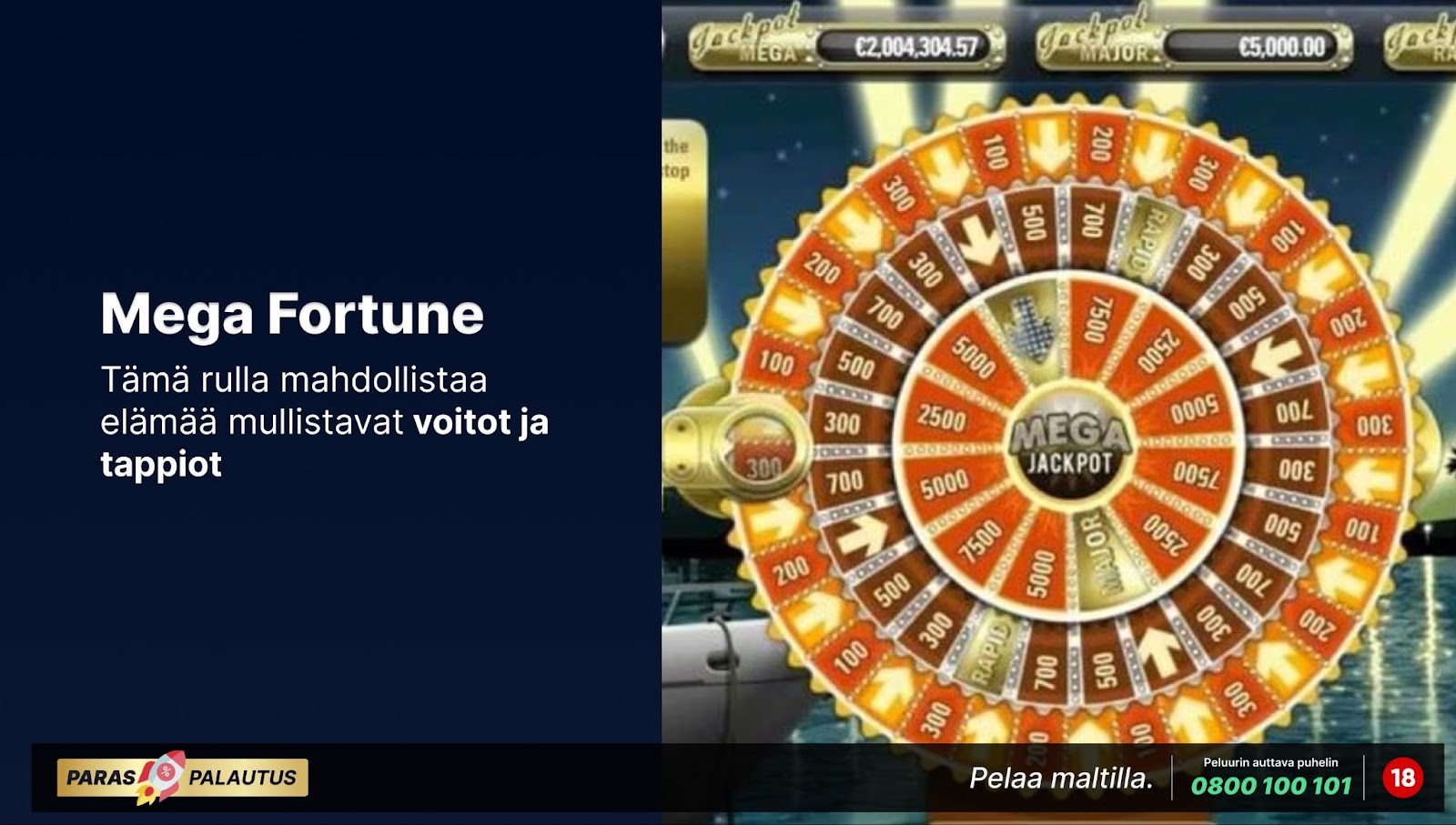 Mega Fortune jättipottipeli. Kuvassa käyttöliittymä bonuspelissä minkä voittaja voi saada miljoonia. Kuvassa jättipotti on noussut yli kahteen miljoonaan.