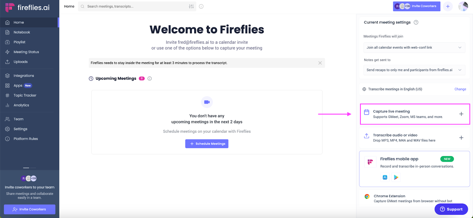 How to transcribe a webinar - Capture live meeting with Fireflies