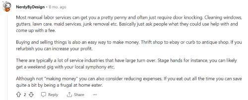 A person on Reddit suggesting offering manual labor services as a way to learn how to make $1000 fast. 