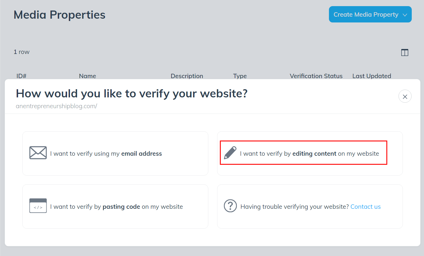Site verification step 2