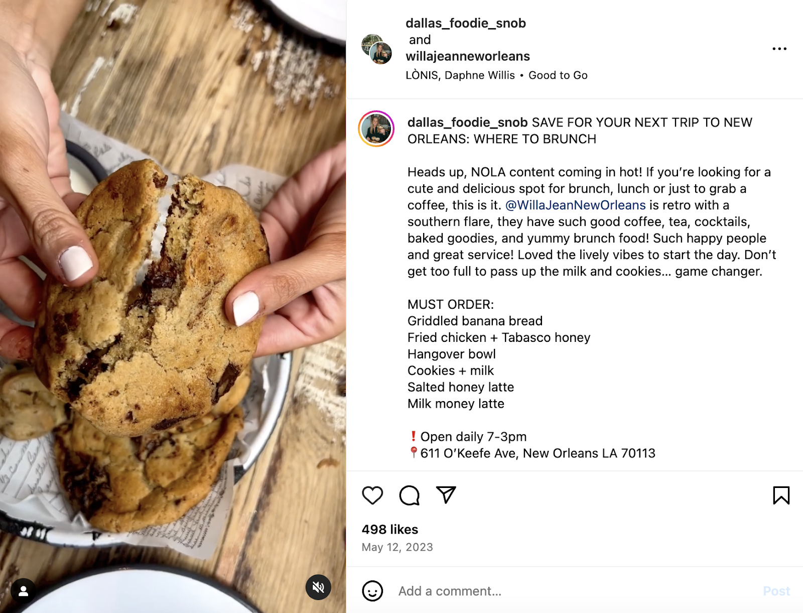 Creative restaurant marketing ideas: An influencer post that Willa Jean, a New Orleans restaurant, reshared on its Instagram page.