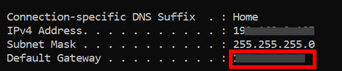 Screenshot showing router IP in command prompt on WindowsOS for port forwarding