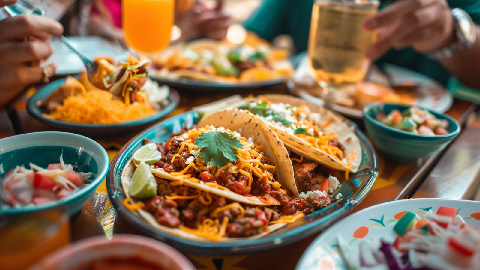 A table with a plate of tacos and other authentic Mexican dishes