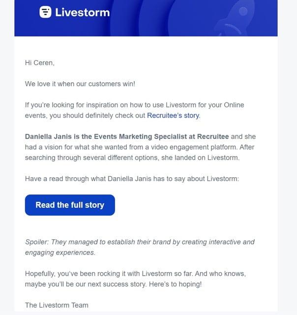 Customer success story email from online events platform, Livestorm