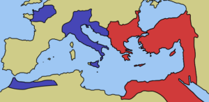 Mapa del Imperio Romano de Oriente y el Imperio Romano de Occidente