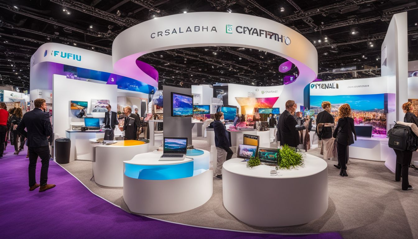 A vibrant trade show booth with diverse people and interactive product displays.
