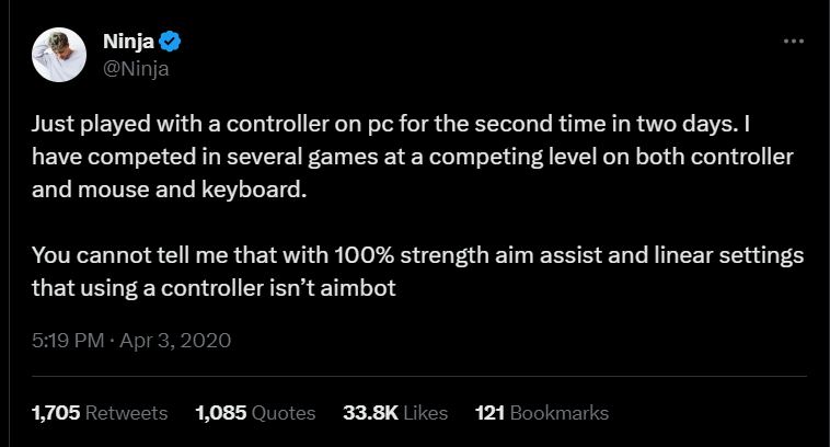 Screenshot of Ninja's tweet decrying aim assist