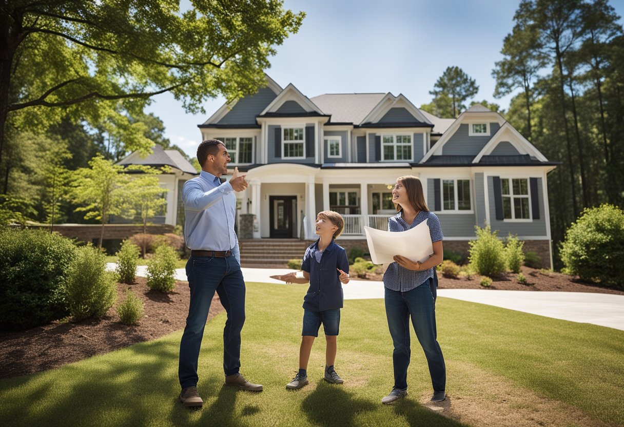 A family stands in front of a modern custom home, discussing plans with a builder in Carrboro, NC. The builder holds blueprints, while the family gestures excitedly