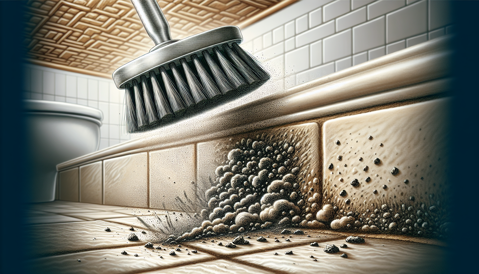 Illustration of using a scrub brush to remove stubborn mold