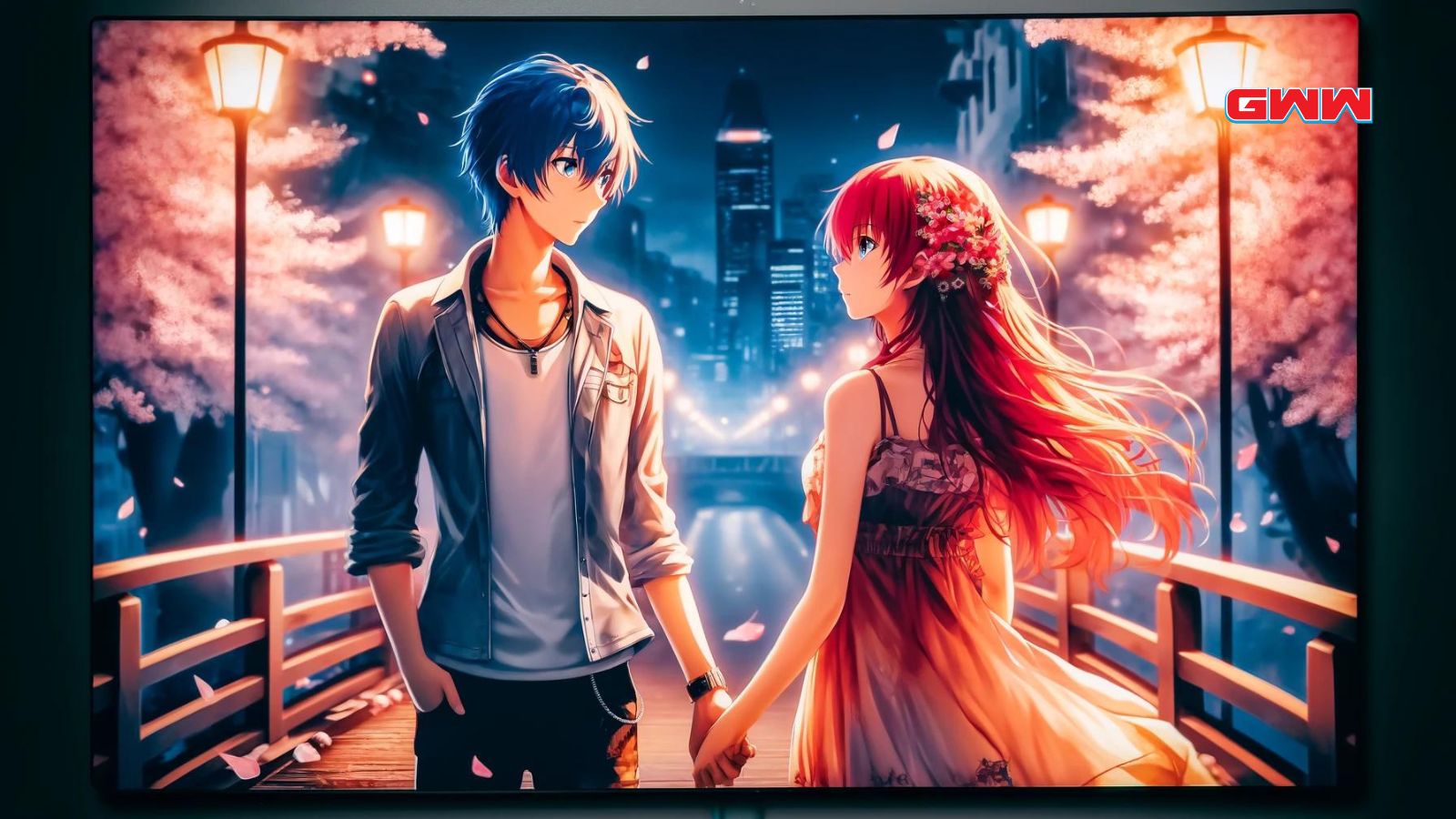 A widescreen, anime-style image depicting a young anime couple on a city bridge at night.