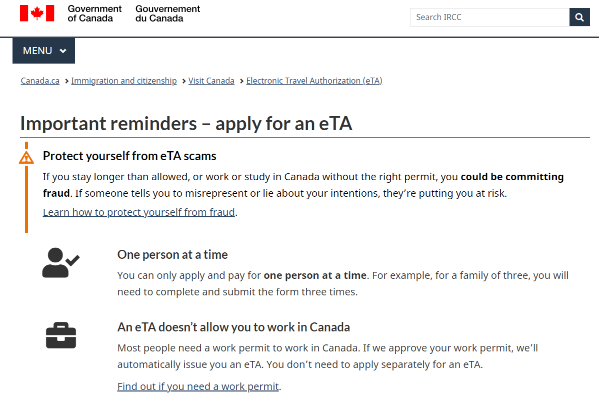 カナダeTAの申請画面
