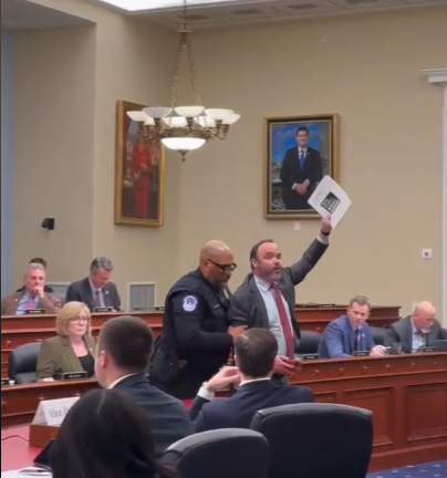 Image of Alex Lawson being arrested in the hearing room