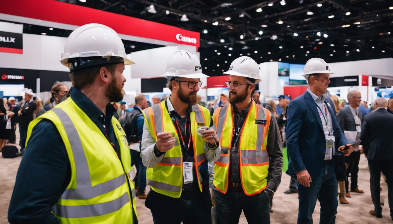 Professional construction workers networking at a trade show.