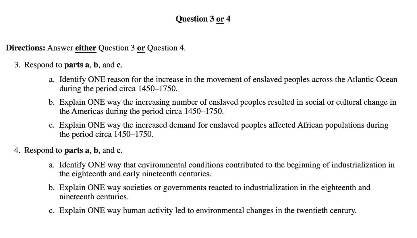 An example of the AP World History exam short answer question without stimulus