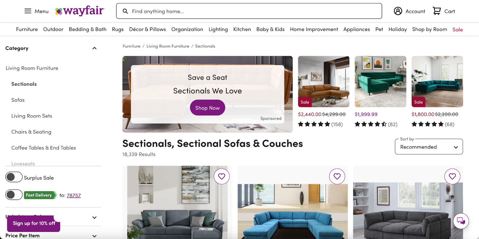 technical SEO for ecommerce: Wayfair’s homepage features user-friendly navigation.