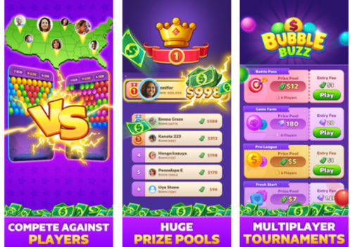 Colorful images from the Bubble Buzz game showing that you can compete for huge prize pools with multiple players. 