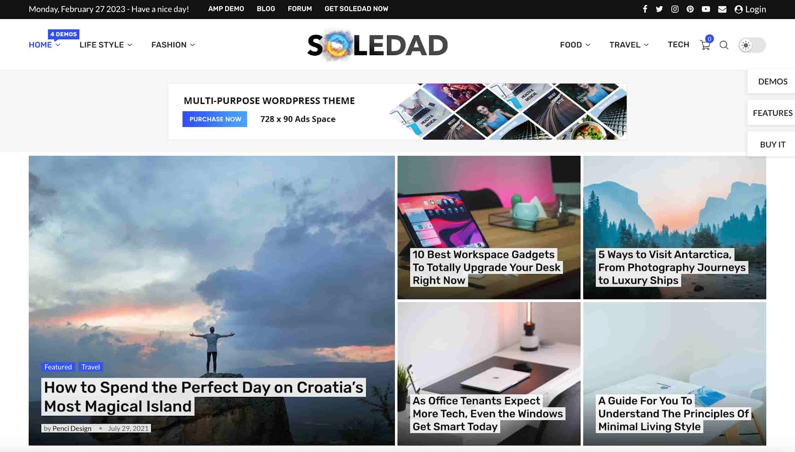 The Soledad WordPress theme features a sticky menu