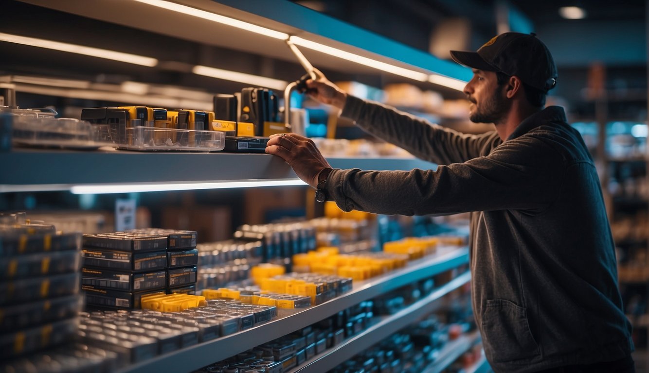 A hand reaches for a box of LED neon lights on a store shelf, while another hand holds a maintenance kit with tools and spare parts