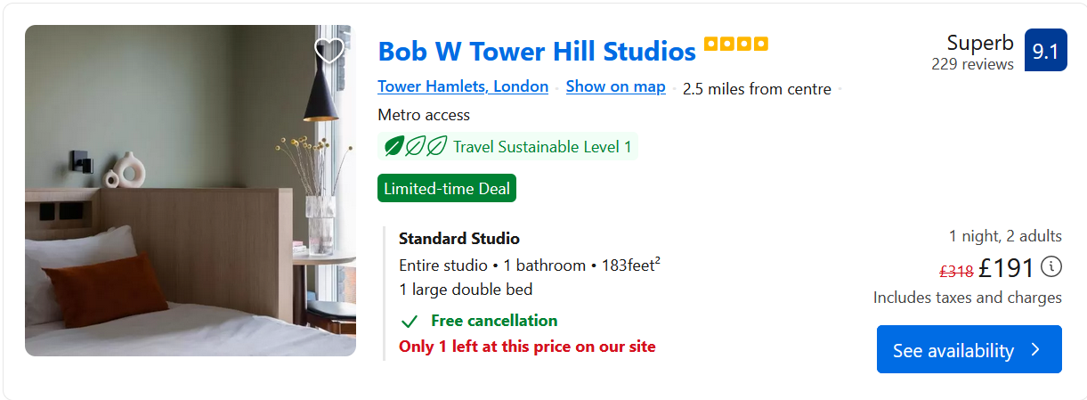 London accommodation price with a US VPN IP address vs. a UK VPN IP address