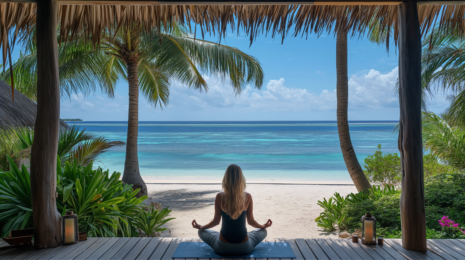 A woman on a yoga session at her beachfront vacation rental in the Maldives