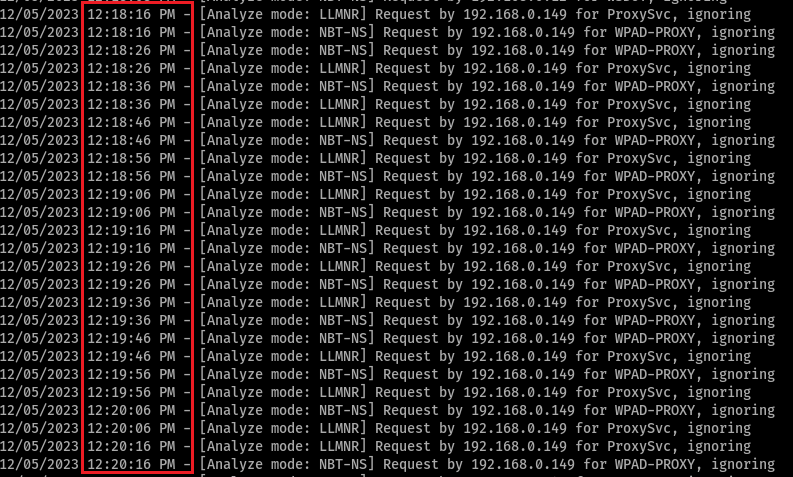 screenshot from Responder-Session.log has the same two requests sent every 10 seconds exactly (bait requests are from Vindicate) By white oak security 