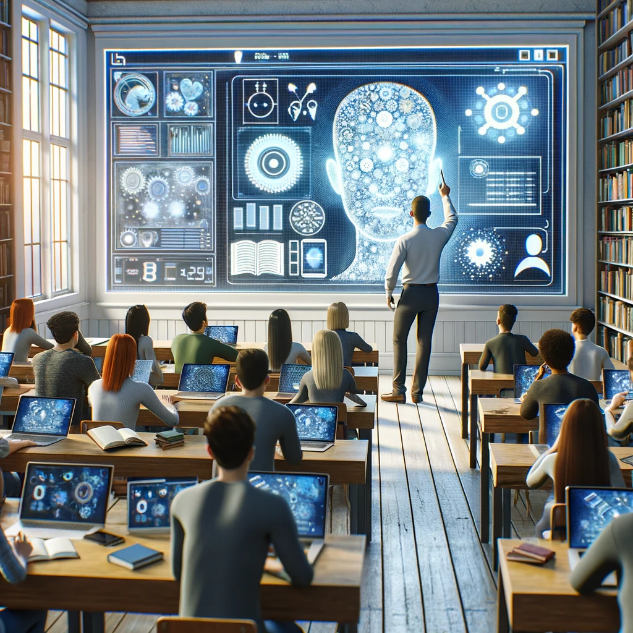 A person pointing at a screen in a classroom

