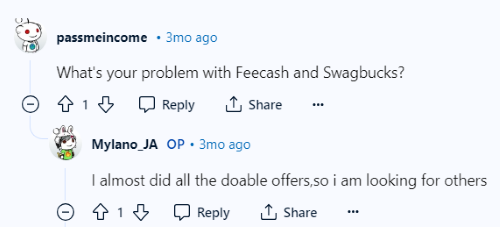 A Reddit conversation where a poster explains that the reason they don't want Freecash or Swagbucks recommended to them as a GPT site is because they've completed most of the offers available on those platforms. 
