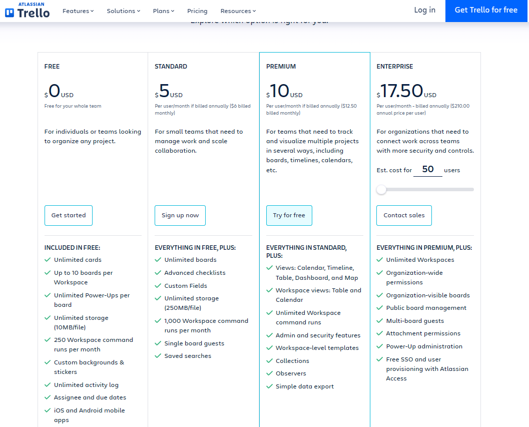 Pricing Plans for Trello