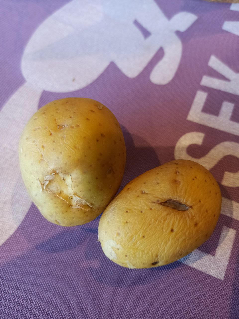 A couple potatoes on a purple surface

Description automatically generated