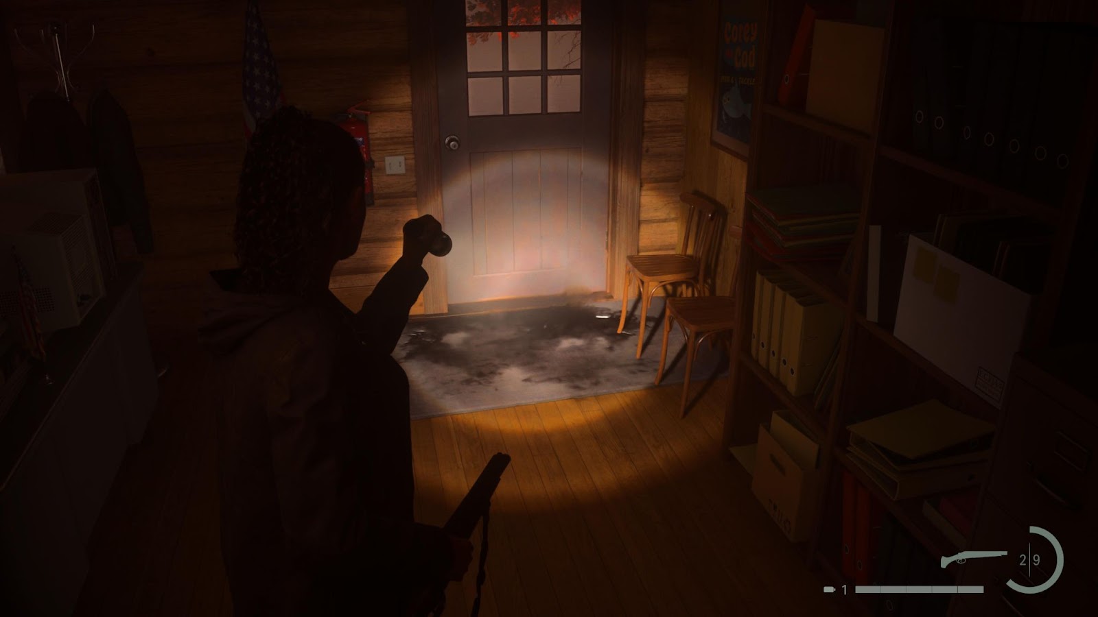 An in game screenshot of the inside of the ranger station from Alan Wake 2. 