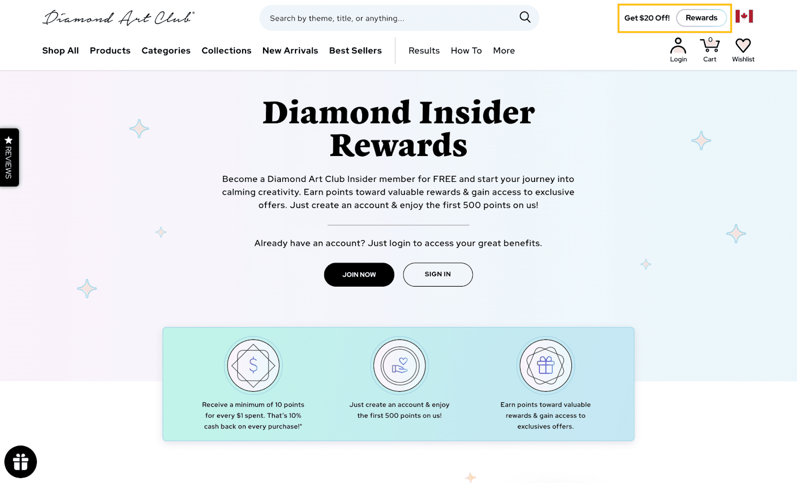 A screenshot of Diamond Art Club’s loyalty program explainer page showing its call-to-action to join the program.