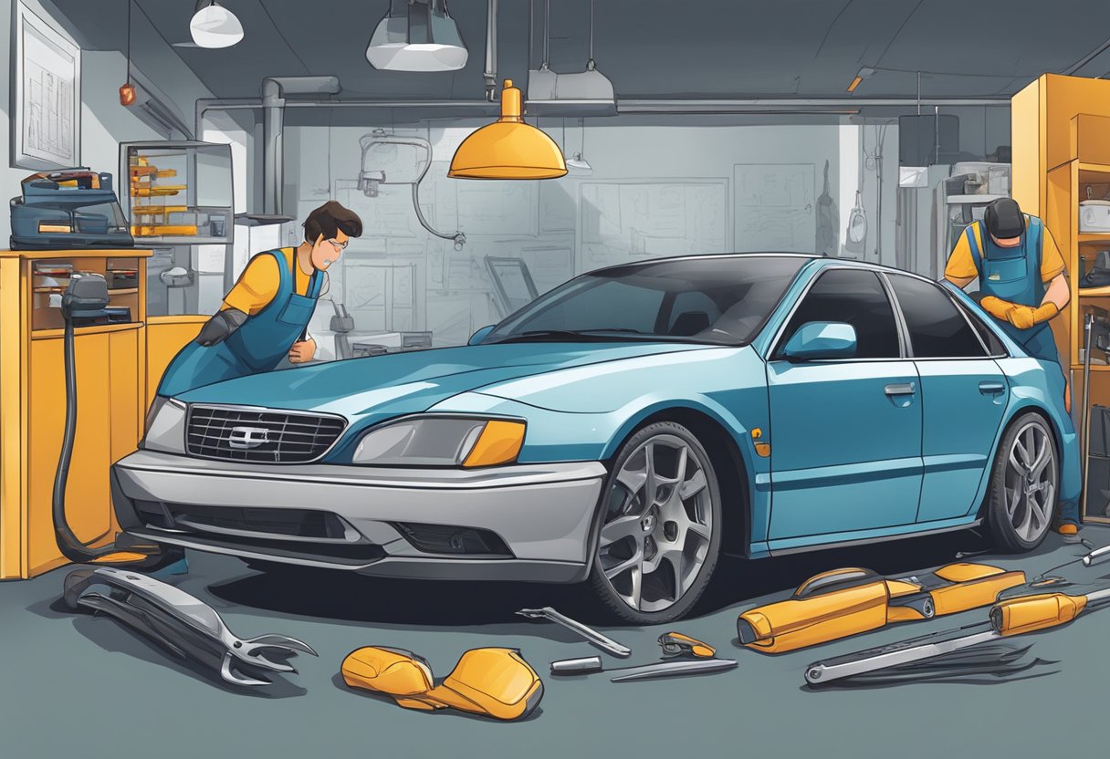 A dent repair technician assesses car damage, tools laid out, cost chart displayed
