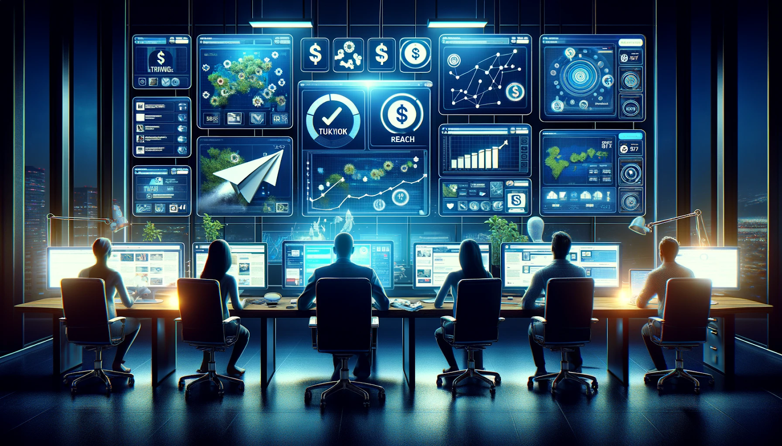 A group of people sitting at desks with computers