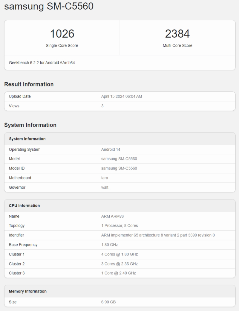 Samsung Galaxy C55 : Révélations sur GeekBench 