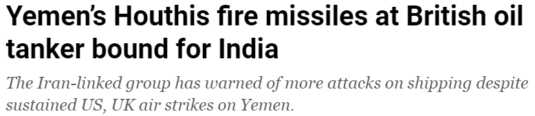 Houthi's vuren raketten op een Britse olietanker met India als bestemming