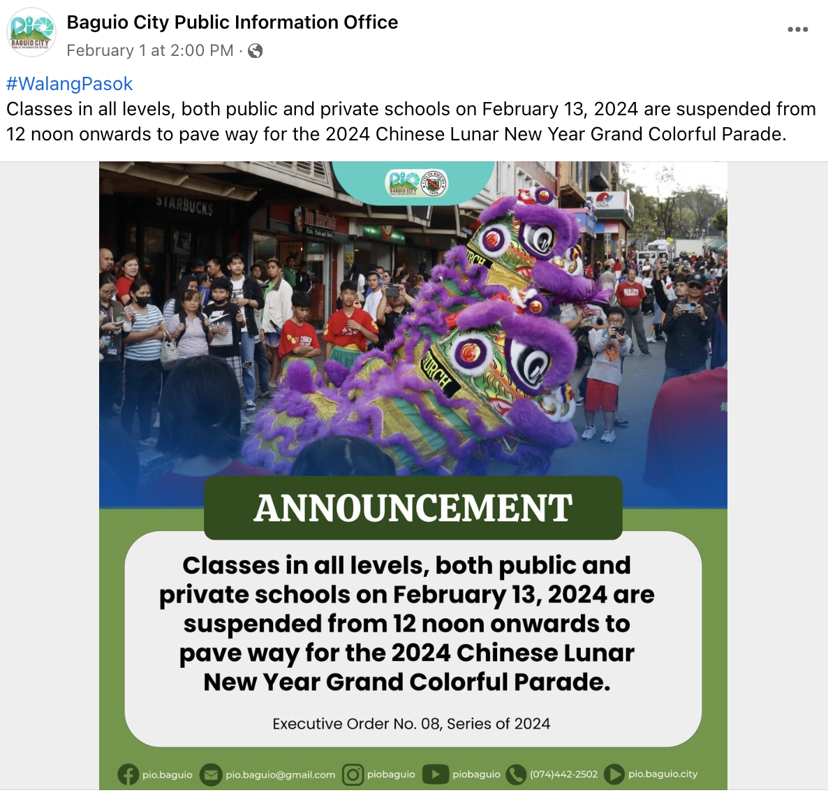 Class suspension, Thursday, February 1, 2024